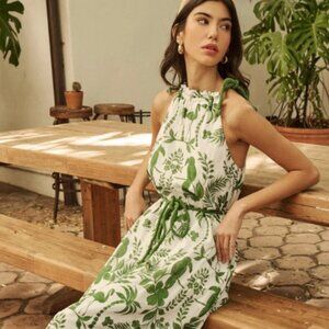 🍃 Tropical Floral Kay Halter Neck Maxi Dress Rope Green & White Size M